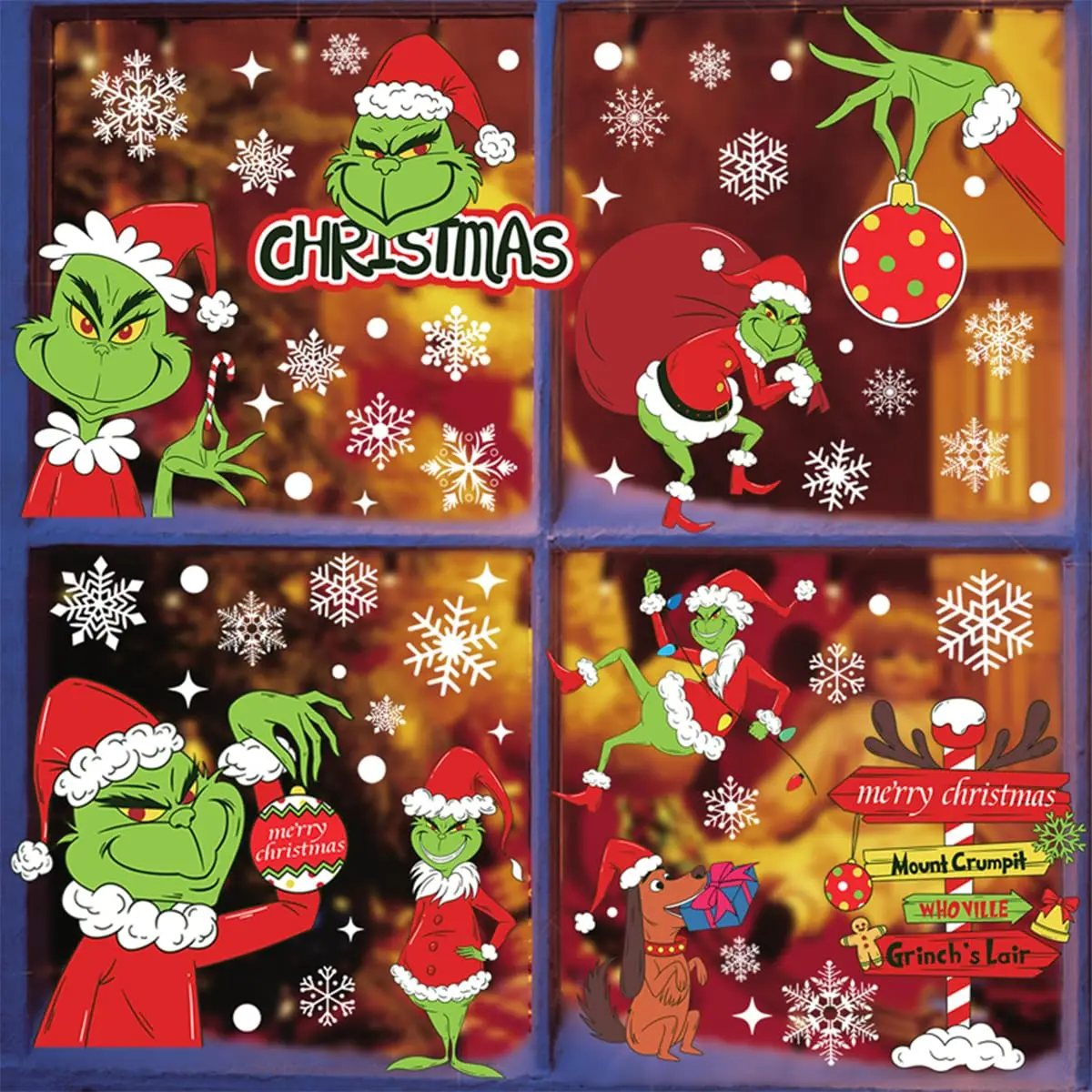 9 Sheets Grinch Window Stickers for Glass Christmas Double Sided Decor Xmas Window Stickers for Home School Office Decorations