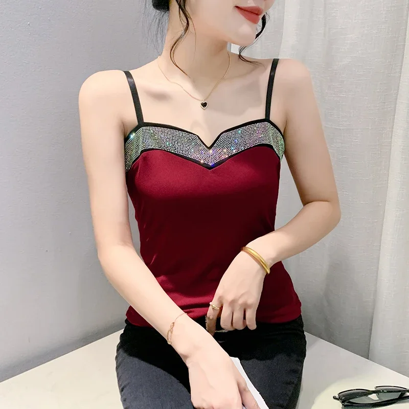 

Women Spaghetti Strap Shiny Hot Diamond T-shirt Sleeveless Sling Tank Tops Summer Slim Fit Vests Crop Top ZT44