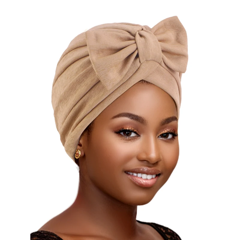 

New Women's Turban Bow Head Flower Beanie Hat Elegant Pleated Elastic Head Wrap Solid Color Head Scarf Beanies Chemo Cap