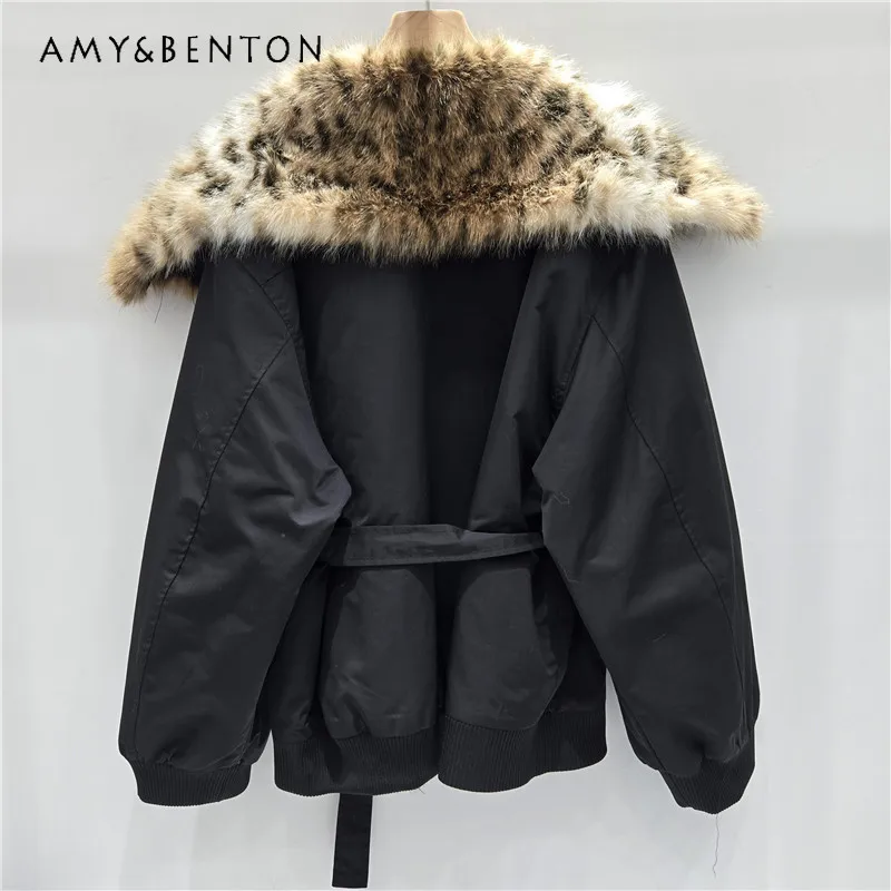 

Winter Ladies Comfortable Warm Y2k Patchwork Leopard Print Furry Navy Collar Lace-up Quilted Short Jacket Cotton Faux Fur Coat