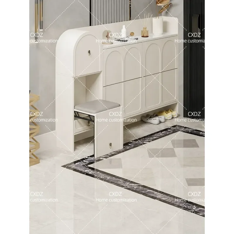 Cream Ultra Thin 17cm Narrow Shoe Cabinet with Stool Integrated Tipping Bucket Entryway Storage for Household Door 2026 New