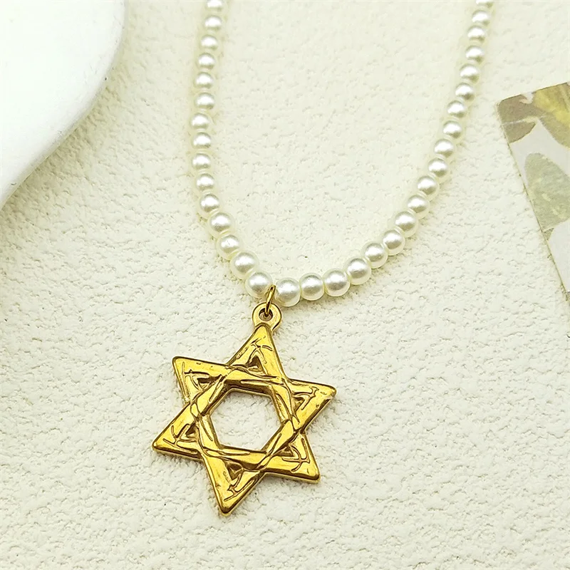 

Star Of David Jewish Pendant Necklace For Women Men Stainless Steel Gold Color Pearl Classic Faith Female Chain Jewelry Gifts
