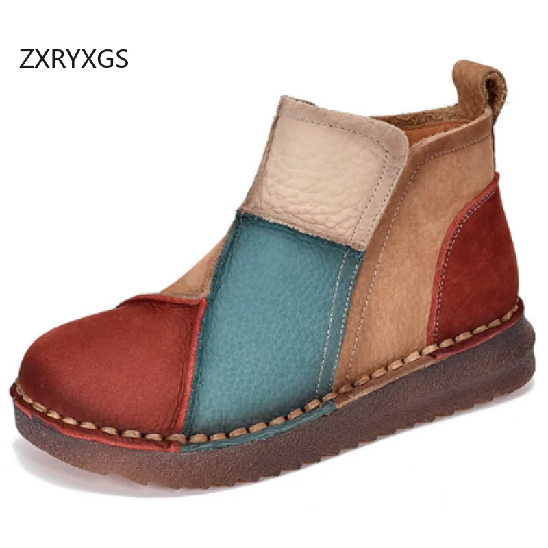 

ZXRYXGS 2025 New Autumn Mixed Colors Full Real Leather Boots Trendy Shoes Comfortable Soft Sole Flat Boots Women Fashion Boots