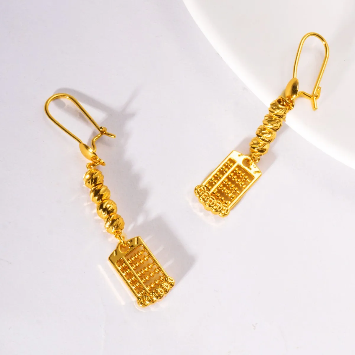 Cross-border Vietnamese sand gold exquisite geometric long fringed abacus earrings, long copper plated 24K non-fading square ear