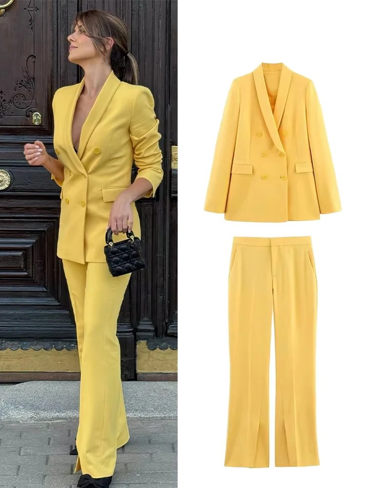 

HH Women Spring Suit Turn-Down Collar Long Sleeves Double-Breasted Blazers+Mid Waist Zipper Flared Pants Women Casual Set
