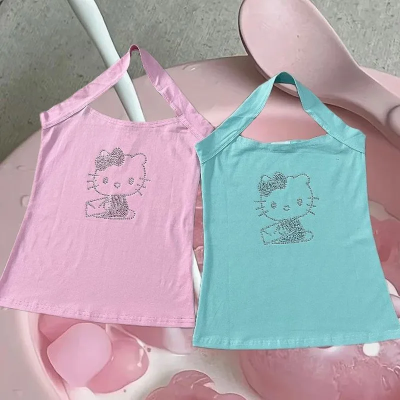 

Miniso Hellokitty Y2k Halter Tank Top Girl Hot Diamond KT Printed Short Tee Sleeveless Sexy Crop Top Kawaii Silm Shirt For Women