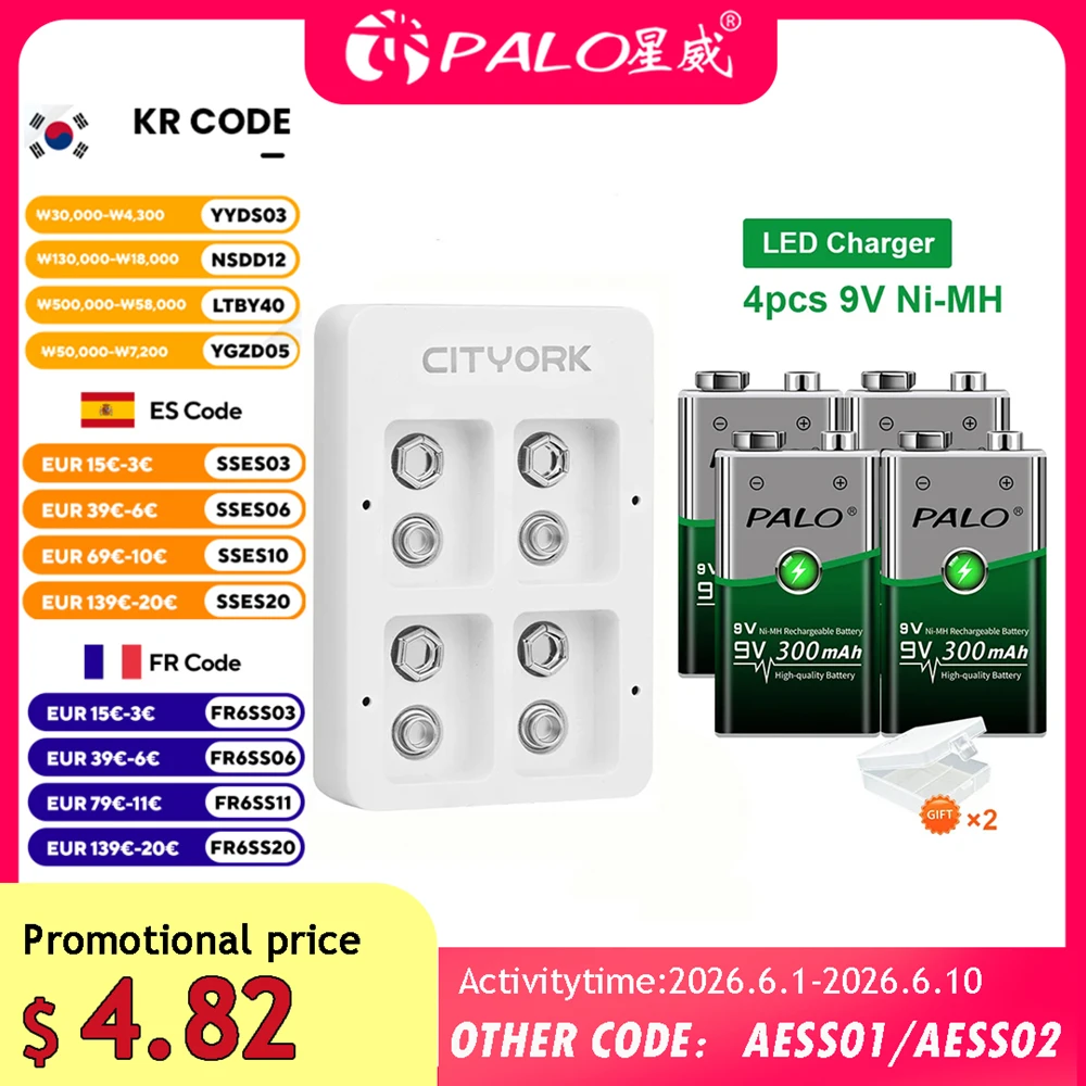 PALO 9V NI-MH akumulator 300mAh USB inteligentna ładowarka do akumulatorów litowych 9 Volt 6F22 9V NiCd NiMh