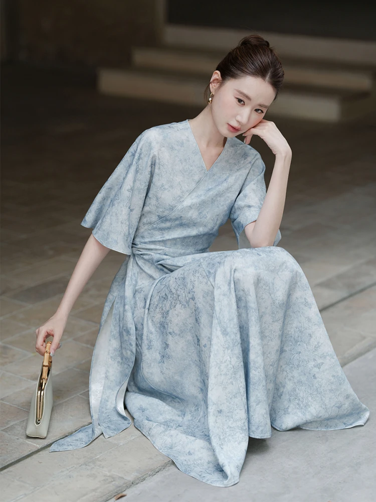 

Ele Chinese Sle Long Dr Women's A-Line Waist-Cinching Skirt Commute New Summer 2025 Floral Embroidery High Waist o...