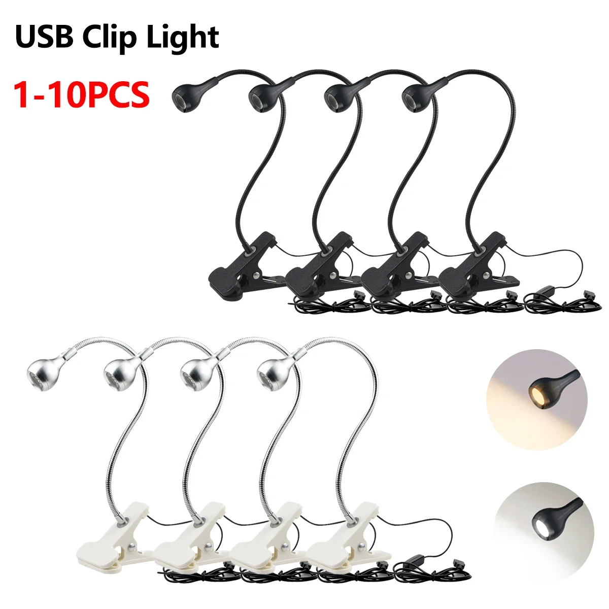 1-10Pcs Clip-On Light USB Power Reading Book Light For Power Bank Computer Interface,1W Flexible LED Table Lamp Night Lighting