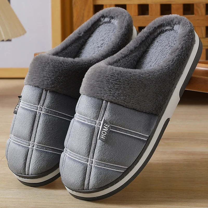 Large size 50-51 Plaid House Slippers for Man Memory Foam Winter Plush Indoor Male Shoes Warm Home Slippers 2024 Non Slip Black