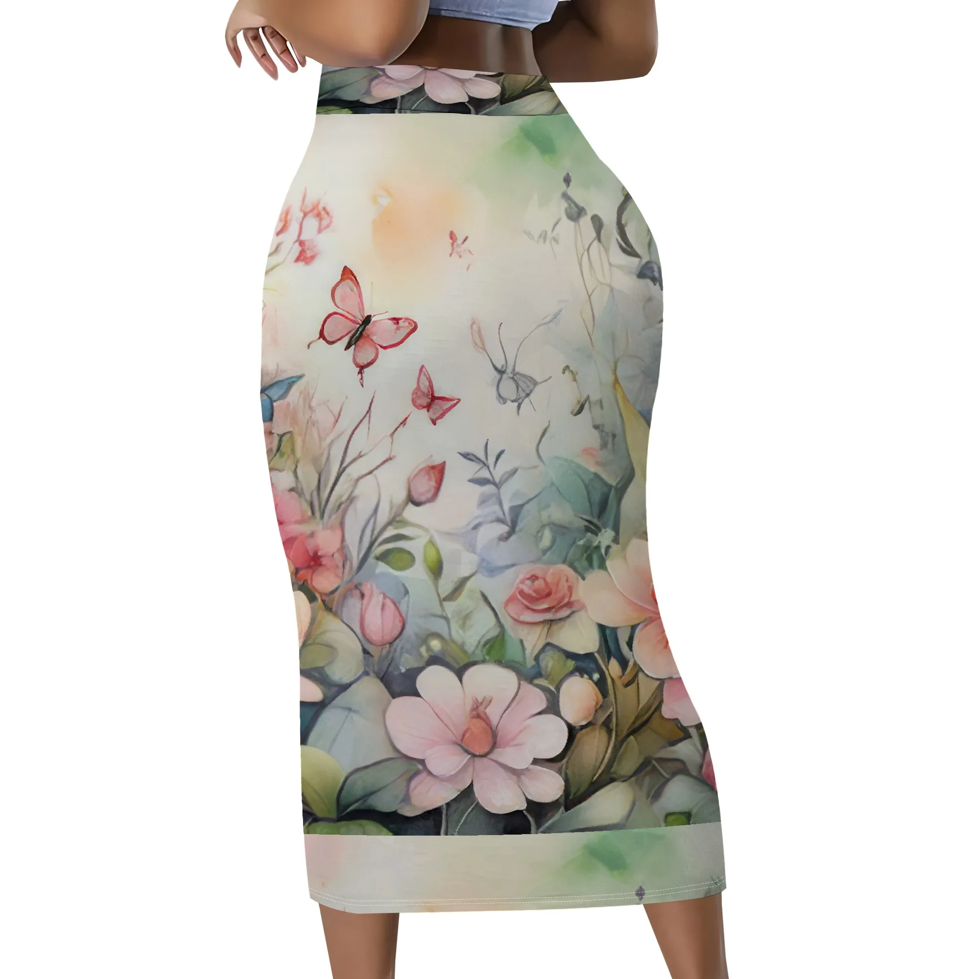 Blumenmuster-Rock, Schmetterlings-Bleistiftrock, Sommer-Midirock, Damen-Mode-Rock, Bürokleidung, S-2XL – Detail 3