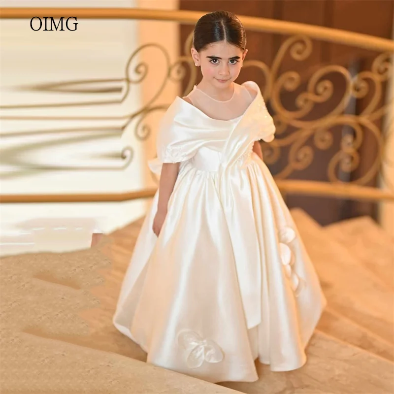 OIMG Ivory Off The Shoulder A Line Flower Girl Dresses O Neck 3D Flowers Wedding Party Dress Bow Back Birthday Dress Customized