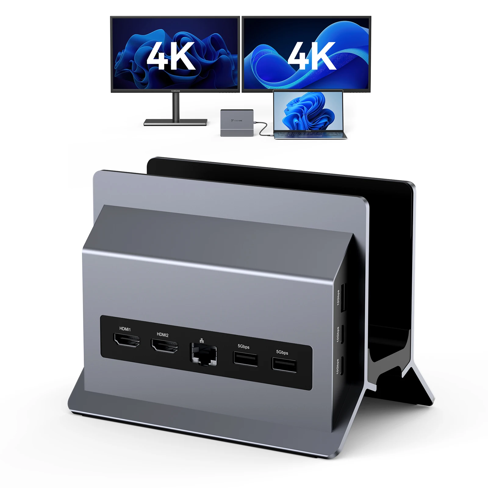 TobenONE Estación de acoplamiento para computadora portátil Monitor dual 4K @ 60 Hz con 2 puertos HDMI, fuente de alimentación de 100 W, soporte de estación de acoplamiento USB C HDMI dual
