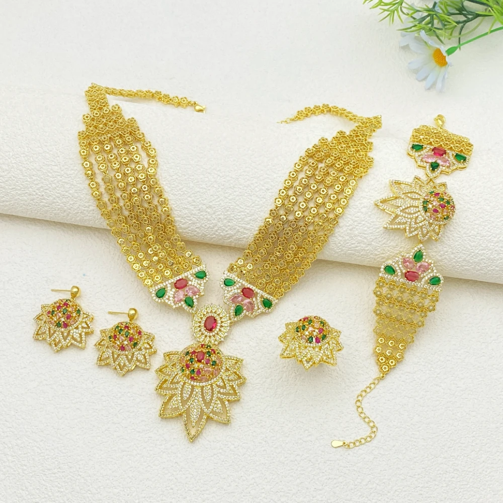 Falair Bridal Women Jewelry Set Gold Plated Copper Zircon Necklace Earrings Bracelet Ring Luxury Middle East Style