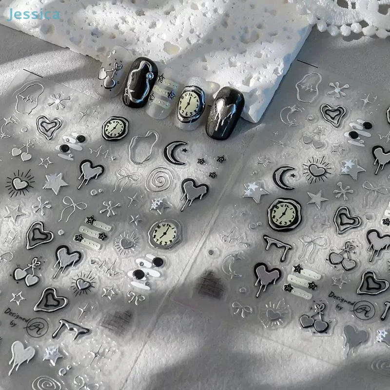 ♥ ثلاثية الأبعاد مسمار الفن ملصقات الفضة الحمم البركانية حلقة الكرز ساعة ساعة الحب معدل ضربات القلب الرسم البياني القمر ستار خط القوس خط مانيكير الشارات #4