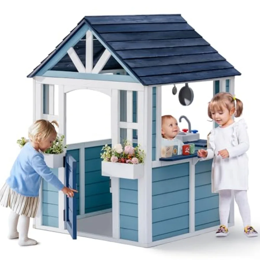 Outdoor wooden playhouse for backyard use, blue finish, featuring sink, stove, cookware, flowerpot holders, and snack bar