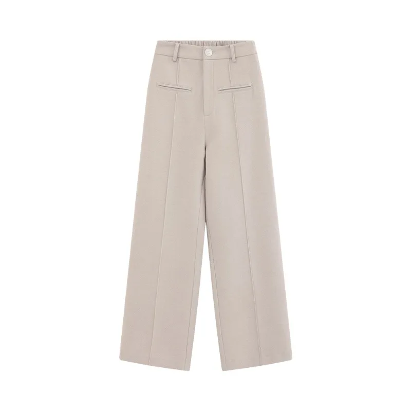 Elegant Wool-Like Wide Leg Pants High Waist Trousers for Women French Style Warm Winter Office Casual Loose Fit Long Pants