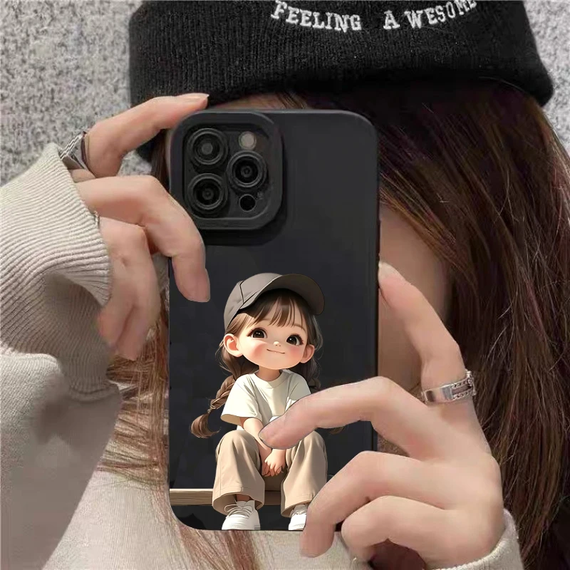 黒のダブルポニーテールの女の子のかわいいミニマリスト柄のスマホケース Xiaomi 14T 13T 12T Pro 11 Lite 5G 15 14 13用 ソフトバンパーカバー