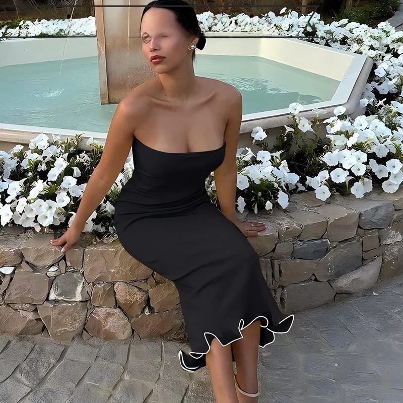 

Sexy Strapl Slim Fit Slit Dr for Women Pure Color Sexy Tube Top mid Waist High Elastici Polyester Summer Wrap Dr