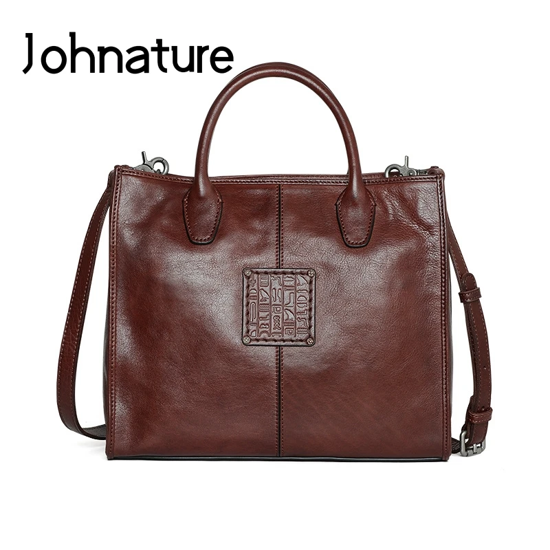 Johnature Vintage Tote Bag 2025 New Genuine Leather Luxury Handbag Nature Soft Cowhide Versatile Large Capacity Shoulder Bags