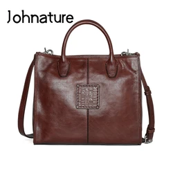 Johnature Vintage Tote Bag 2024 New Genuine Leather Luxury Handbag Nature Soft Cowhide Versatile Large Capacity Shoulder Bags