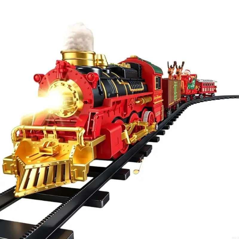 Christmas Mist Track Train Set with Themed Connectable Straight, Curved and Track Pieces, Rebuildable Routes, Lights, Mist and