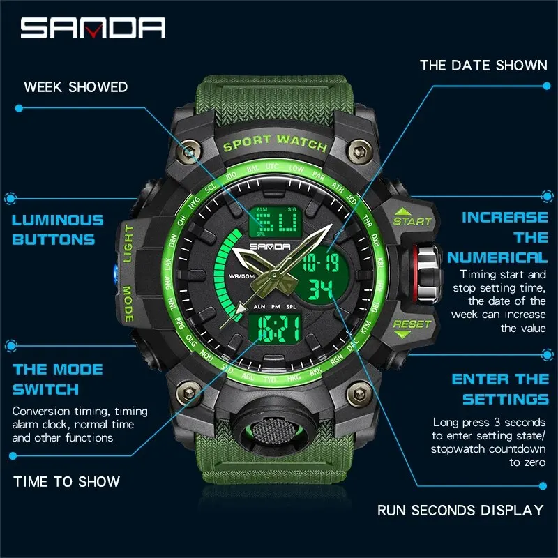 SANDA Brand G Style Military Watch Men LED Digital Shock Sport Watches For Man Waterproof Shockproof Electronic Wristwatch Mens