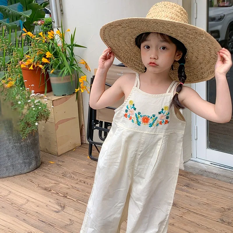 Girls Kids Overalls Summer Jumpsuit Embroidered Wide Leg Pants Fashion Children Girl Bodysuit Romper Kids Outfits 3-8Y