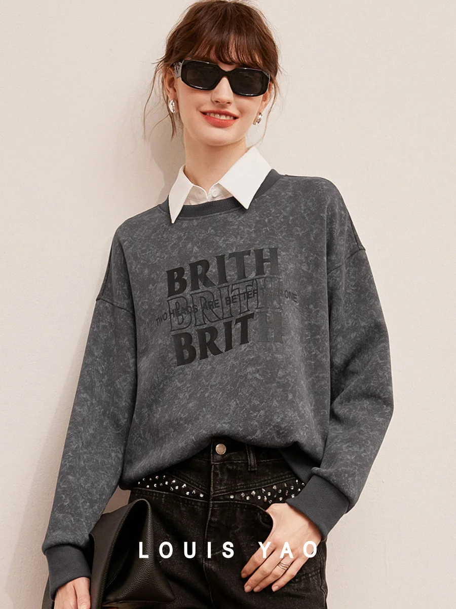 LOUIS YAO 2025 Autumn Round Neck Tie Dye Printed Letter Design Fashionable Lazy Casual Loose Shoulder Long Sleeve Women's Hoodie