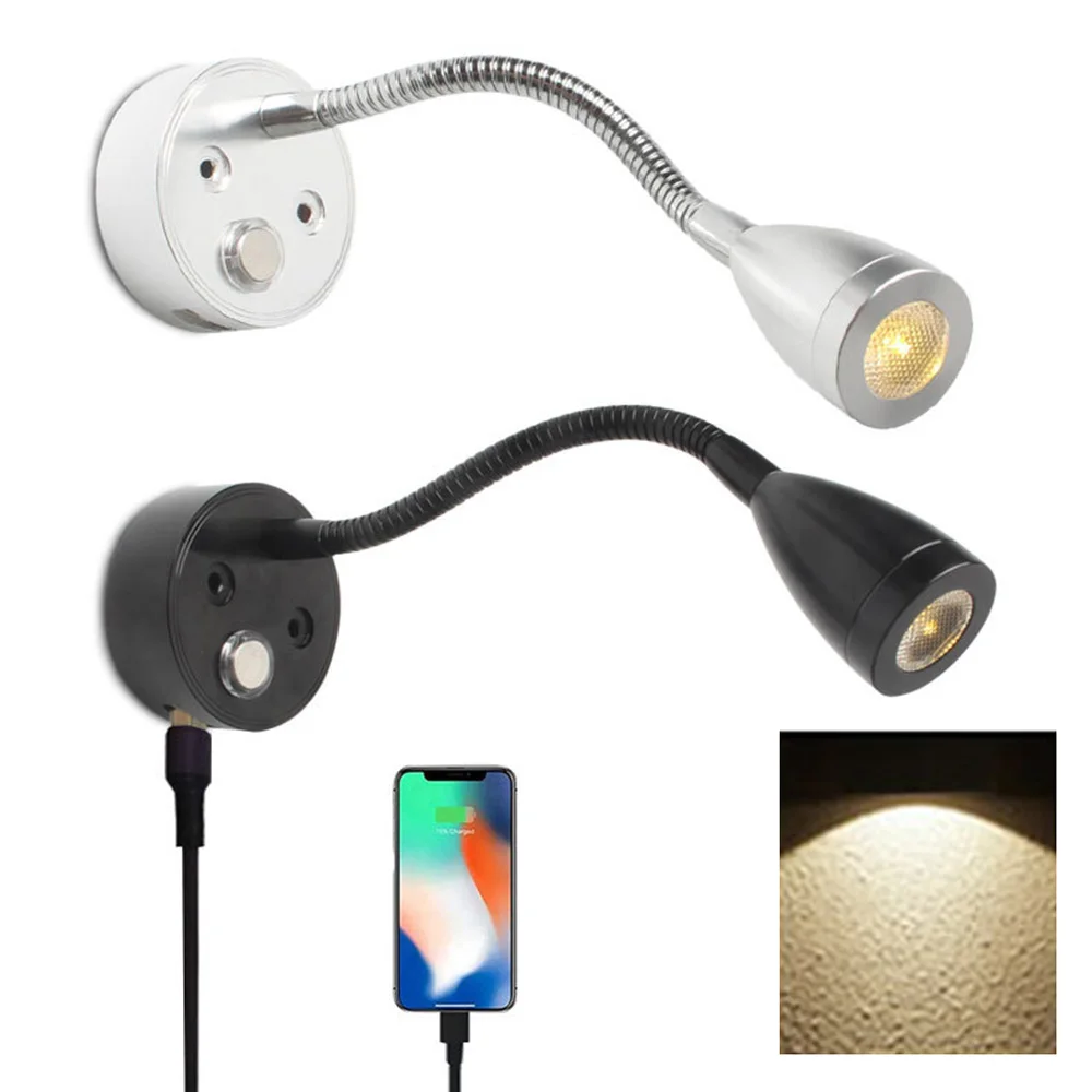 RV LED Reading Light DC10-30V Smart Touch Dimmable Flexible Gooseneck Wall Lamp For Motorhome Yacht Cabin with USB Charger Port