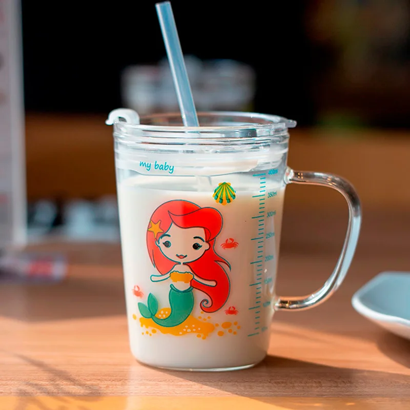 Coffee Cup Children's Milk Cup Glass Home Cartoon Drinking Cup Breakfast Cup Straw Cup 450ml Mugs Child Sippy Cup Drinkware