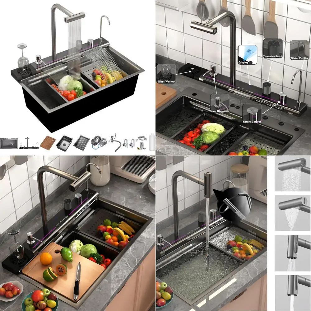 

Stainless Steel Honeycomb Single Bowl Kitchen Sink with Digital Display and Dual Waterfall Faucet, Pull-out Spray Feature