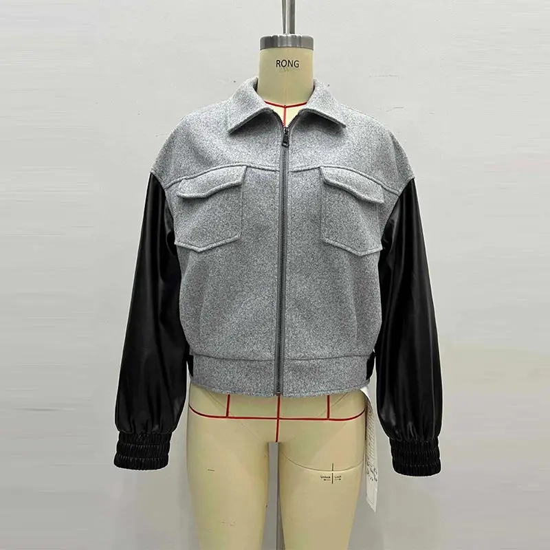 Kunstleder-Patchwork Wolljacken für Damen Street-Style Revers Langarm Reißverschluss Paneelierte Locker Sitzende Jacke Schicke Damen-Oberbekleidung Neu – Detail 5