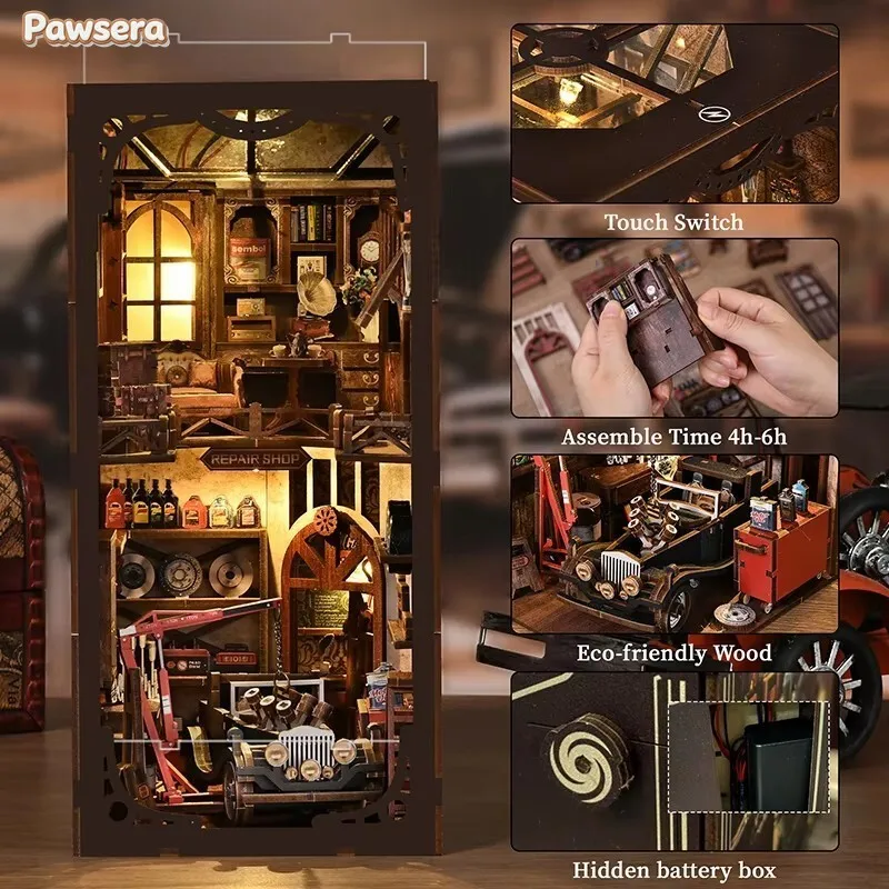 

Книжная полка Pawsera Craftsmanship Repair Shop: Ретро-набор для самостоятельной сборки, деревянный уголок для книг, фигурки, миниатюры, декор для дома, подарки для взрослых