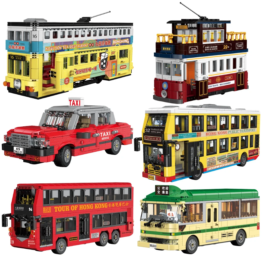 

Classic Hong Kong Style Double Decker Bus Retro Model Building Block MOC City Car Toys Taxi Antique Tram Puzzle Brick Kids Gifts