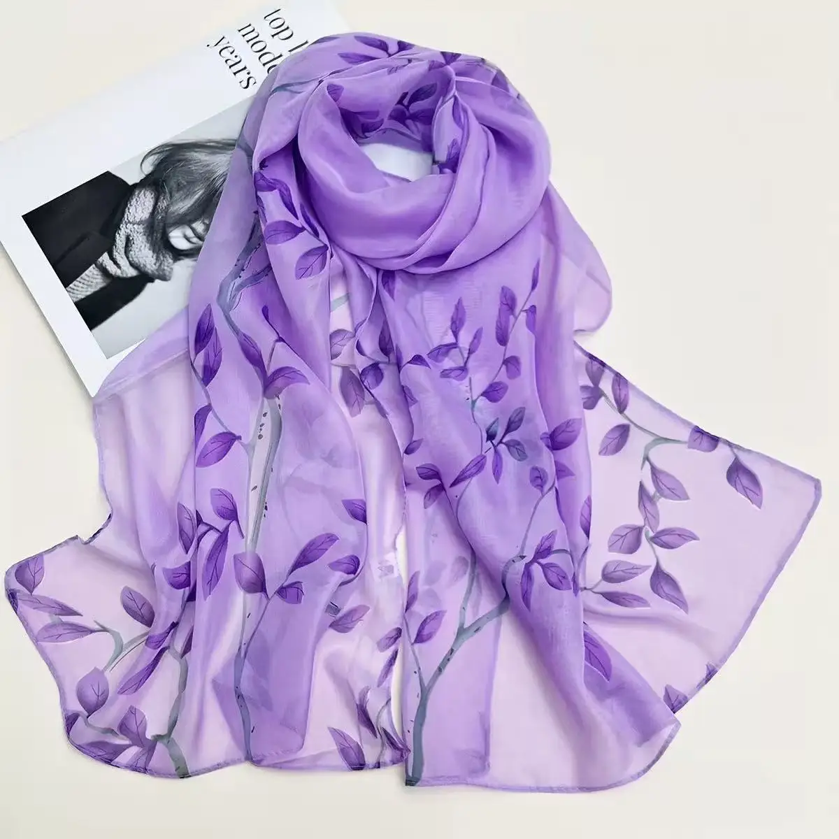 Leaf Print Silk-like Chiffon Scarf Shawl Lightweight Sheer Sarong, Versatile for Tablecloth Curtain Travel Beach Cover Up
