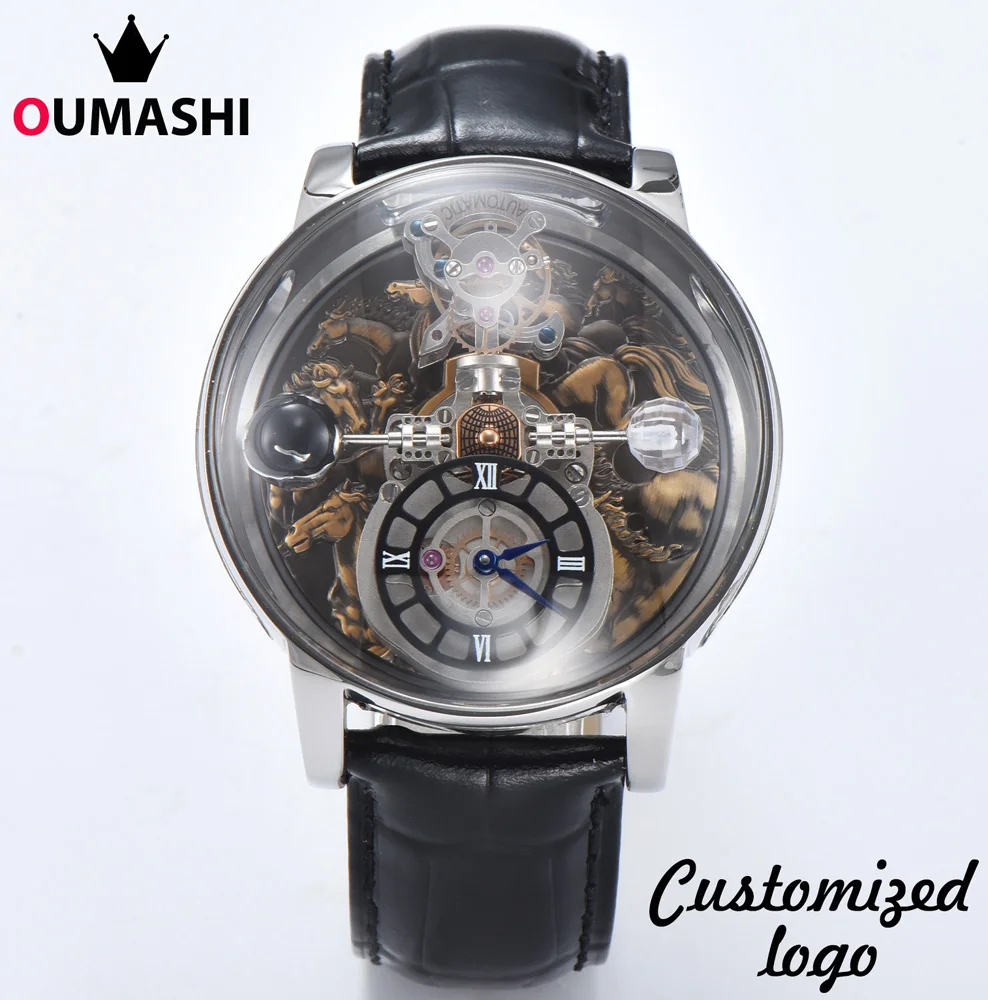 46 มม.VINTAGE Horse ผู้ชายแฟชั่นนาฬิกาควอตซ์สแตนเลสสตีล Swiss QUARTZ Movement กระจกความแข็งสูงสายหนังนาฬิกา