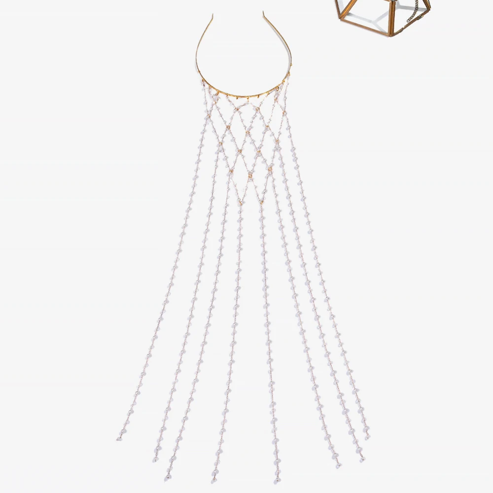 Boho Imitation Pearl Hair Chains Wedding Headpiece Grid Draping Back Veil Elegant Palace Style Photo Prop Headwear view 3