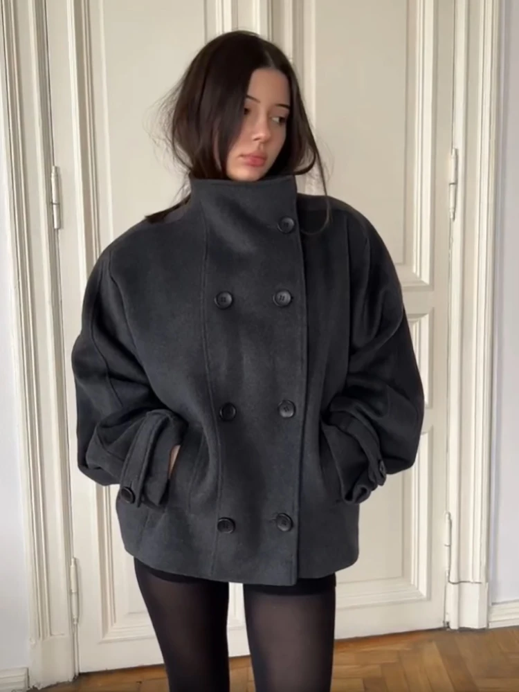 2026 Modischer Grauer Kunstwollmantel für Damen, Minimalistischer Stehkragen, Doppelreihige Lose Jacke, Frühling/Herbst, Einfarbige Damen-Oberbekleidung, Neu – Detail 3