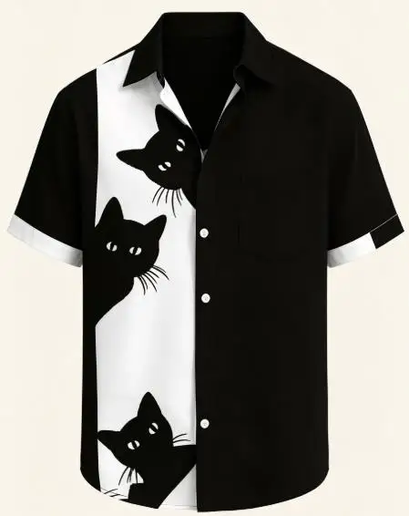 Men Short Sleeve Shirt Cute Black Cat Silhouette Color Block Print Turn‑Down Collar Button‑Up Summer Top