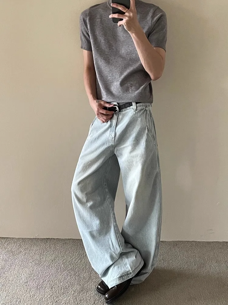 

Свободные широкие синие джинсы для мужчин и женщин, повседневные удобные летние джинсы прямого кроя, свободные драпированные мужские и женские длинные брюки