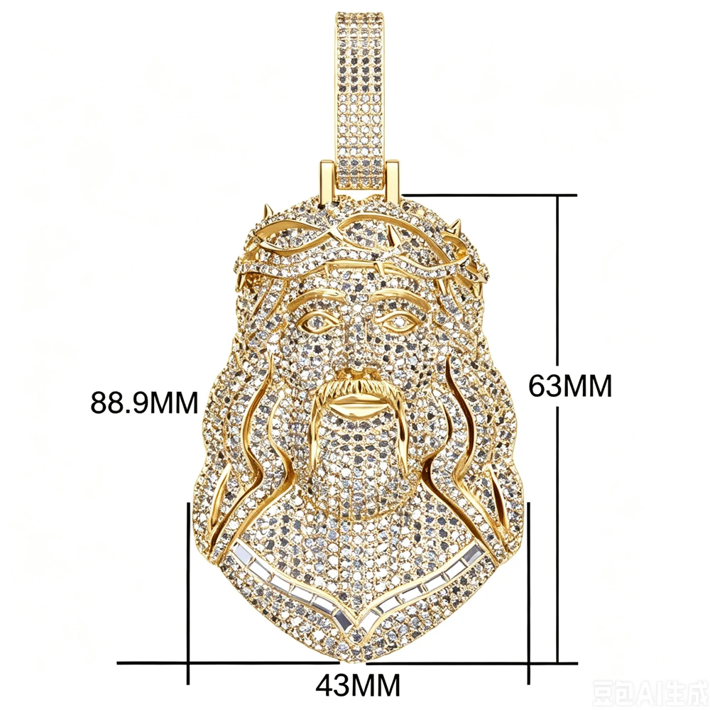 Hip Hop Jewelry Boy Bling Big Head Charm Miami Cuban Link Trendy Rap Streetwear Gift Religious Statement Shiny Micro Paved Zircon Punk Street Accessory For Men Rappers Fine Jewelry Gift  18K Gold Plated CZ Crown Of Thorns Iced Out Large Jesus Face Pendant