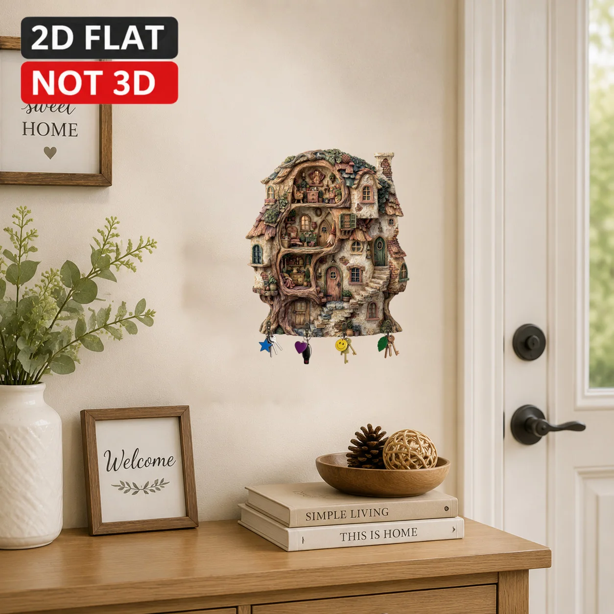 2D Flat Not 3D, 1PC Ancient Forest Tree Hole Wooden Key Holder, Cute Elf Forest Hut Wall Decor with 4 Hooks, Colorful Entryway K