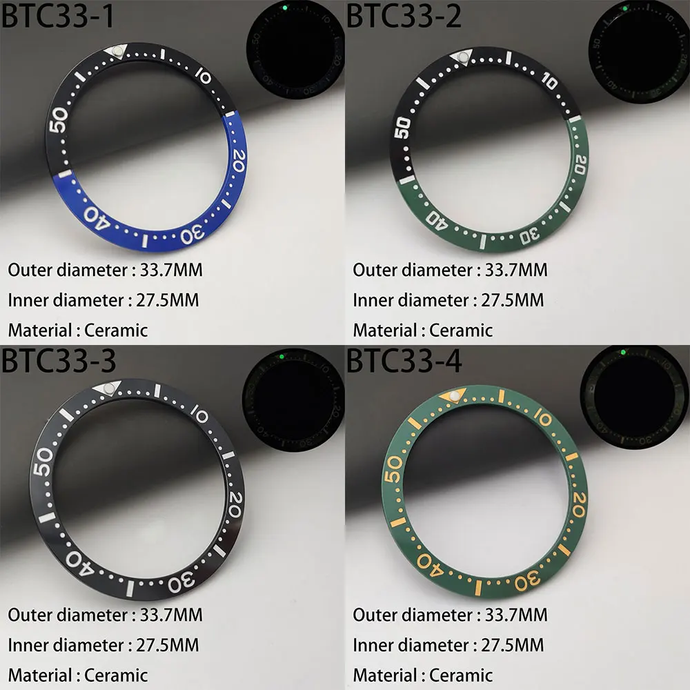 33.7mm*27.5mm Watch bezel Green luminous ceramic bezel inserts fits SKX013 SKX015 Ceramic Watch Beze Watch accessories parts