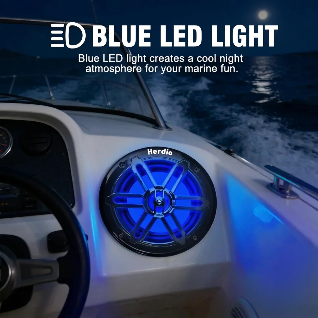 Herdio 6.5 Inch Marine Speaker IP66 350W Waterproof Coaxial Audio with Blue LED Light UV Resistant Grille for Boat ATV UTV