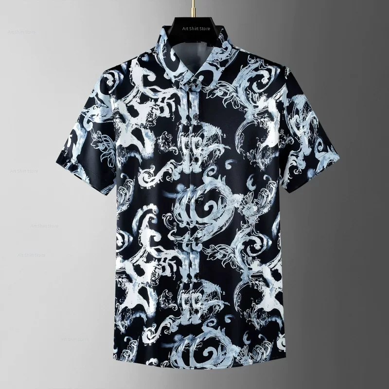 Black series summer fashionable court royal light luxury printed elastic slim-fitting fashionable men's short-sleeved shirt
