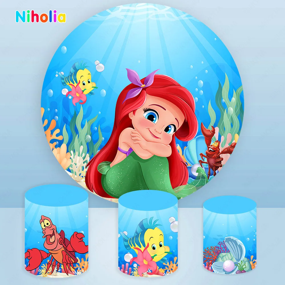 Little Mermaid Princess Round Backdrop Cover Kids Girl Birthday Party Background Summer Ocean Undersea Circular Event Wall Decor