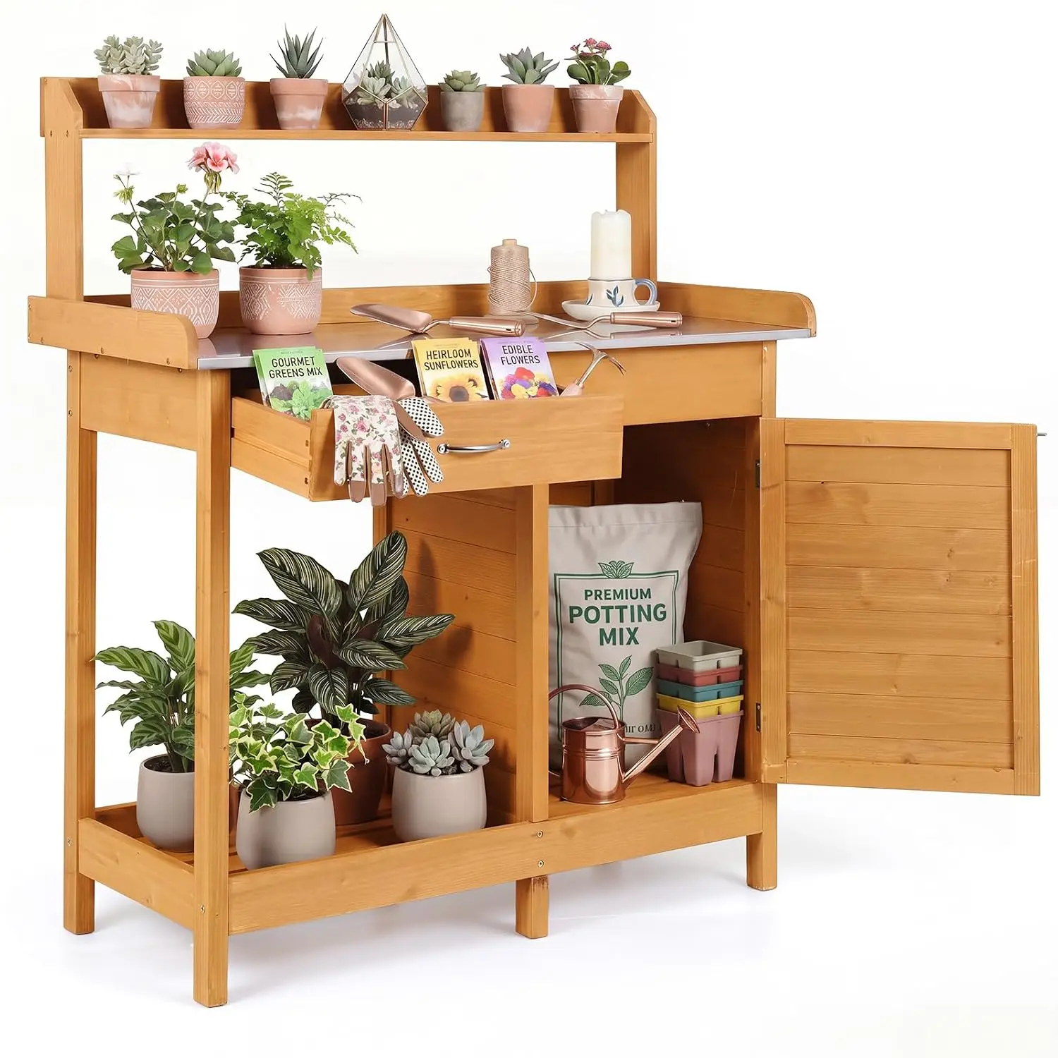 Garden Potting Bench Table with Stainless Steel Tabletop