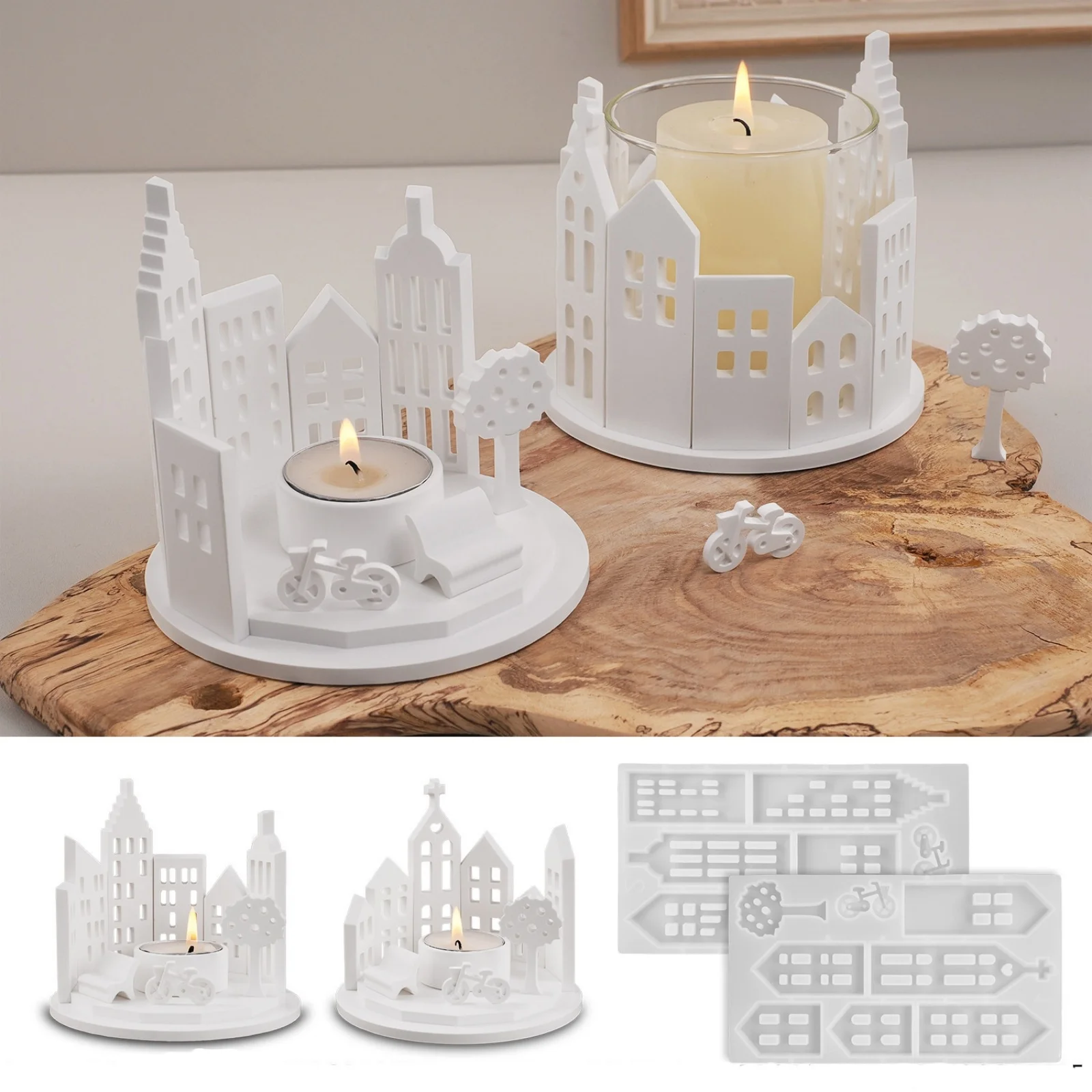 Splicing Combined House Silicone Mold Light House Tealight Holder Plaster Molds Hollow House Round Candle Holder Ornaments Mould