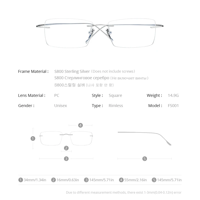 FONEX Sterling Silver S800 Glasses Frame Men 2022 New Rimless Eyeglasses Spectacles Eyewear FS001